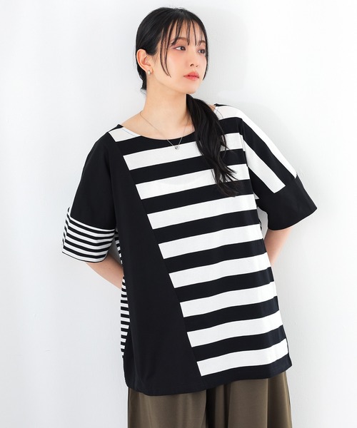 n'OrLABEL(ノアールレーベル)の「ミックスボーダードルマンTシャツ(Tシャツ/カットソー・レディース・ブラック/ネイビー・FREE)」の2枚目の写真