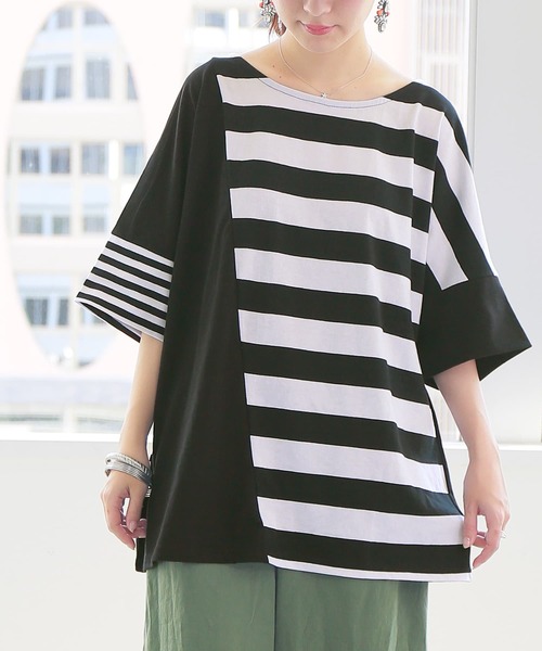 n'OrLABEL(ノアールレーベル)の「ミックスボーダードルマンTシャツ(Tシャツ/カットソー・レディース・ブラック/ネイビー・FREE)」の9枚目の写真