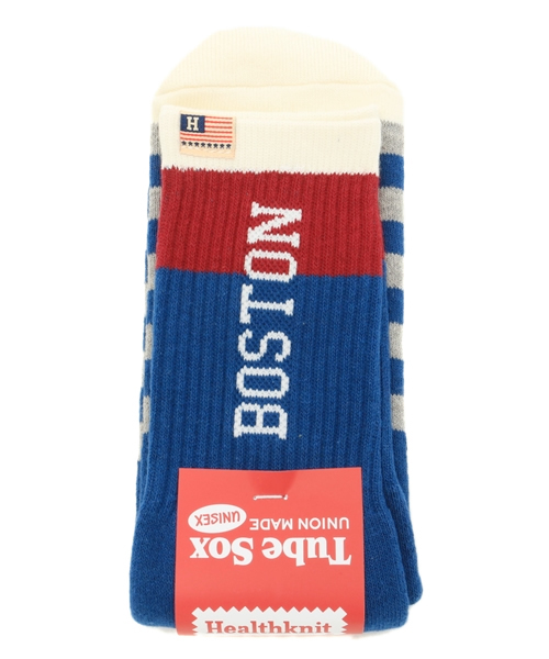 Healthknit（ヘルスニット）の「【Healthknit】BORDER SOCKS（ソックス/靴下・メンズ・オフホワイト/ネイビー/レッド・FREE）」の2枚目の写真