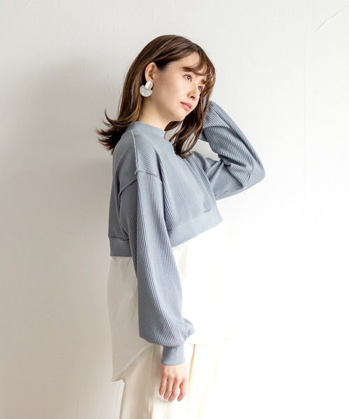 White Collection（ホワイトコレクション）の「【2021SS新作】ワッフル生地×シャツレイヤードプルオーバー（Tシャツ/カットソー・レディース・ブラック/ブルー/グリーン/アイボリー・M）」の4枚目の写真