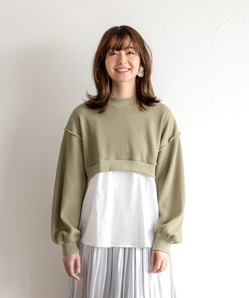 White Collection（ホワイトコレクション）の「【2021SS新作】ワッフル生地×シャツレイヤードプルオーバー（Tシャツ/カットソー・レディース・ブラック/ブルー/グリーン/アイボリー・M）」の3枚目の写真