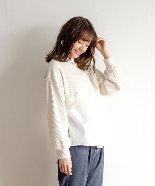White Collection（ホワイトコレクション）の「【2021SS新作】ワッフル生地×シャツレイヤードプルオーバー（Tシャツ/カットソー・レディース・ブラック/ブルー/グリーン/アイボリー・M）」の2枚目の写真