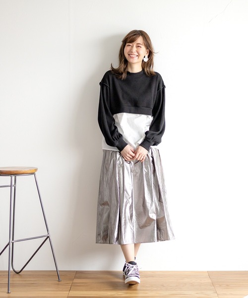 White Collection（ホワイトコレクション）の「【2021SS新作】ワッフル生地×シャツレイヤードプルオーバー（Tシャツ/カットソー・レディース・ブラック/ブルー/グリーン/アイボリー・M）」の6枚目の写真