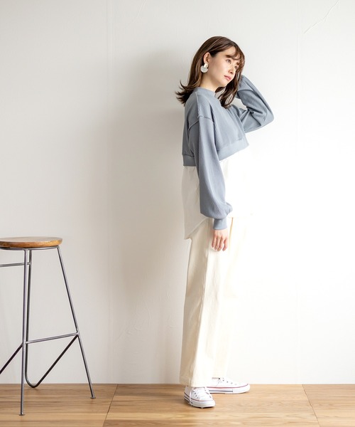 White Collection（ホワイトコレクション）の「【2021SS新作】ワッフル生地×シャツレイヤードプルオーバー（Tシャツ/カットソー・レディース・ブラック/ブルー/グリーン/アイボリー・M）」の5枚目の写真