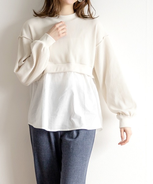 White Collection（ホワイトコレクション）の「【2021SS新作】ワッフル生地×シャツレイヤードプルオーバー（Tシャツ/カットソー・レディース・ブラック/ブルー/グリーン/アイボリー・M）」の13枚目の写真