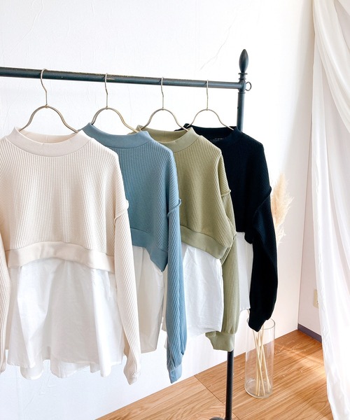 White Collection（ホワイトコレクション）の「【2021SS新作】ワッフル生地×シャツレイヤードプルオーバー（Tシャツ/カットソー・レディース・ブラック/ブルー/グリーン/アイボリー・M）」の17枚目の写真