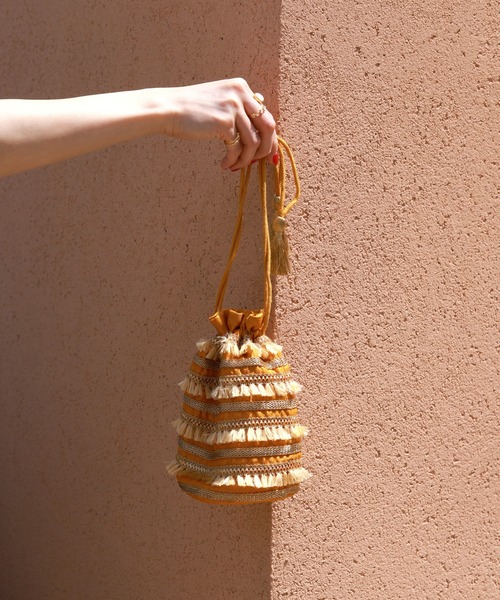 SLOBE IENA(スローブイエナ)の「【Pondichery/ポンディシェリ 】フリンジ巾着◆(ハンドバッグ・レディース・イエロー/ピンク・FREE)」の1枚目の写真