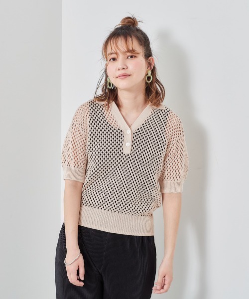 cepo(セポ)の「フィッシュネット ポロニット(ポロシャツ・レディース・オフホワイト/ブルー・M)」の1枚目の写真