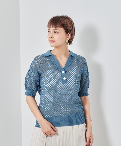 cepo(セポ)の「フィッシュネット ポロニット(ポロシャツ・レディース・オフホワイト/ブルー・M)」の2枚目の写真