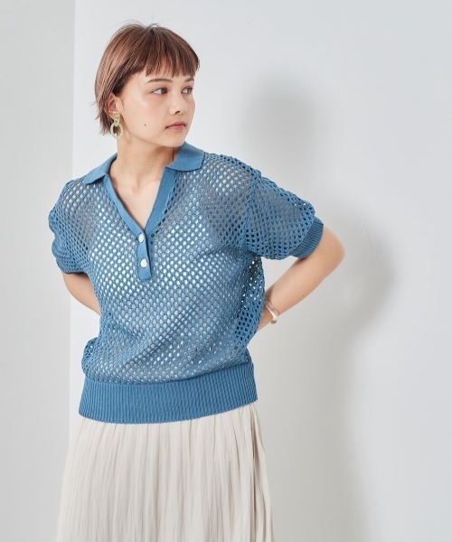 cepo(セポ)の「フィッシュネット ポロニット(ポロシャツ・レディース・オフホワイト/ブルー・M)」の12枚目の写真