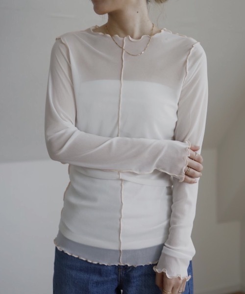 UNFIELD（アンフィールド）の「【UNFIELD　配色メローメッシュトップス】（Tシャツ/カットソー・レディース・ホワイト/ブラック/ブルーグレー・FREE）」の2枚目の写真