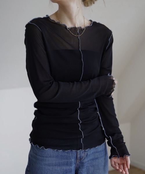 UNFIELD（アンフィールド）の「【UNFIELD　配色メローメッシュトップス】（Tシャツ/カットソー・レディース・ホワイト/ブラック/ブルーグレー・FREE）」の3枚目の写真