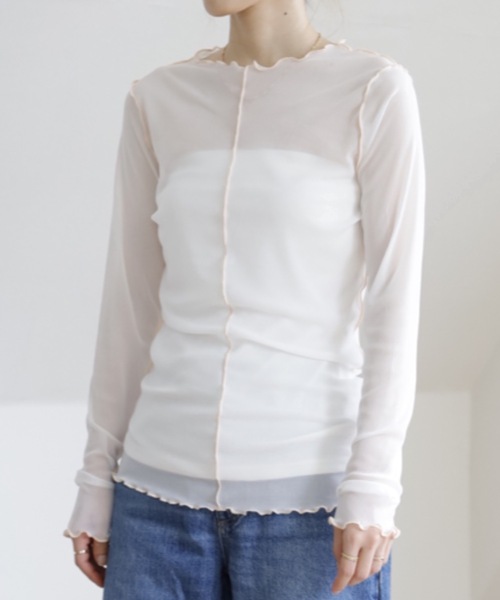 UNFIELD（アンフィールド）の「【UNFIELD　配色メローメッシュトップス】（Tシャツ/カットソー・レディース・ホワイト/ブラック/ブルーグレー・FREE）」の6枚目の写真