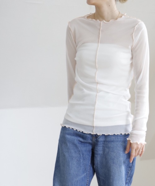 UNFIELD（アンフィールド）の「【UNFIELD　配色メローメッシュトップス】（Tシャツ/カットソー・レディース・ホワイト/ブラック/ブルーグレー・FREE）」の9枚目の写真