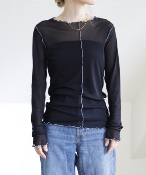 UNFIELD（アンフィールド）の「【UNFIELD　配色メローメッシュトップス】（Tシャツ/カットソー・レディース・ホワイト/ブラック/ブルーグレー・FREE）」の4枚目の写真