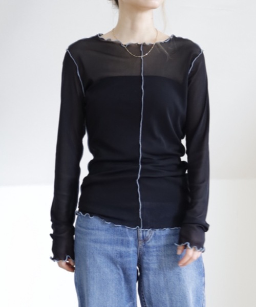 UNFIELD（アンフィールド）の「【UNFIELD　配色メローメッシュトップス】（Tシャツ/カットソー・レディース・ホワイト/ブラック/ブルーグレー・FREE）」の5枚目の写真