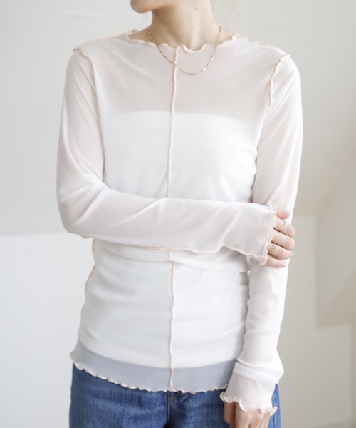 UNFIELD（アンフィールド）の「【UNFIELD　配色メローメッシュトップス】（Tシャツ/カットソー・レディース・ホワイト/ブラック/ブルーグレー・FREE）」の14枚目の写真