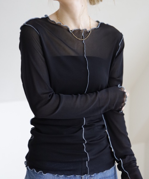 UNFIELD（アンフィールド）の「【UNFIELD　配色メローメッシュトップス】（Tシャツ/カットソー・レディース・ホワイト/ブラック/ブルーグレー・FREE）」の15枚目の写真