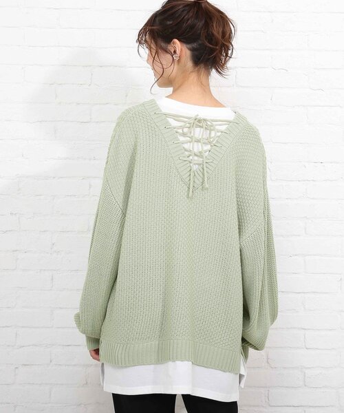 SHOO・LA・RUE（シューラルー）の「◆バックレースアップ　レイヤード風ニット（ニット/セーター・レディース・パープル/ライトグリーン/アイボリー/ベビーピンク・00）」の9枚目の写真