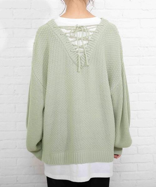 SHOO・LA・RUE（シューラルー）の「◆バックレースアップ　レイヤード風ニット（ニット/セーター・レディース・パープル/ライトグリーン/アイボリー/ベビーピンク・00）」の16枚目の写真