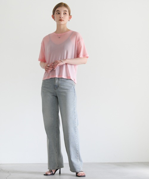 select MOCA（セレクトモカ）の「2022 SS クルーネッククロップドパワーメッシュシアーTシャツ（Tシャツ/カットソー・レディース・ブラック/ベージュ/ピンク/ライトグリーン/アイボリー・FREE）」の6枚目の写真