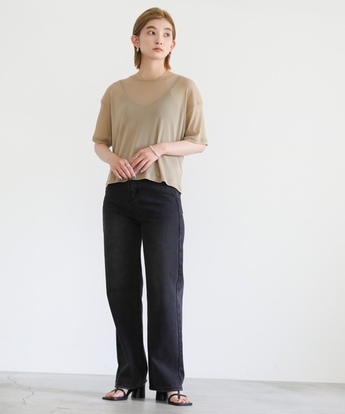 select MOCA（セレクトモカ）の「2022 SS クルーネッククロップドパワーメッシュシアーTシャツ（Tシャツ/カットソー・レディース・ブラック/ベージュ/ピンク/ライトグリーン/アイボリー・FREE）」の9枚目の写真