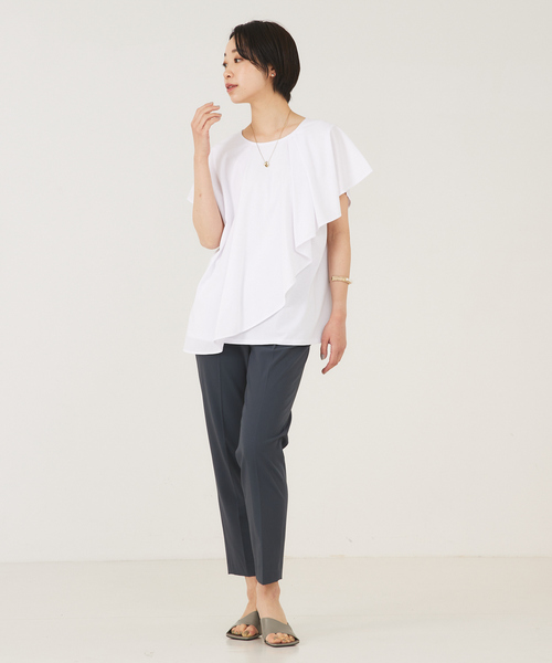 qualite(カリテ)の「2wayアシメフラッププルオーバー(Tシャツ/カットソー・レディース・ホワイト/サーモンピンク/チャコールグレー・フリー)」の4枚目の写真