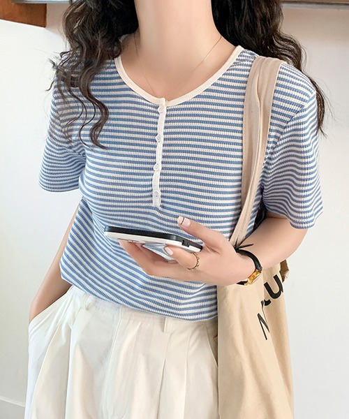 Girly Doll(ガーリードール)の「ボーダーヘンリーネックトップス(Tシャツ/カットソー・レディース・ブラック/ブルー/グレー・M/L)」の9枚目の写真