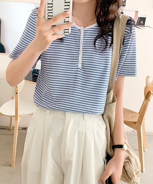Girly Doll(ガーリードール)の「ボーダーヘンリーネックトップス(Tシャツ/カットソー・レディース・ブラック/ブルー/グレー・M/L)」の11枚目の写真
