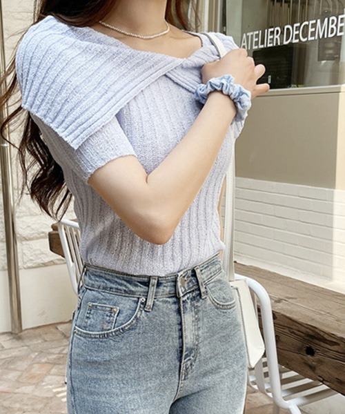 SONA（ソナ）の「SONYUNARA セーラーカラーオフショル半袖ニットトップス（ニット/セーター・レディース・スカイブルー/ブラック/イエロー/アイボリー/コーラル・FREE）」の15枚目の写真