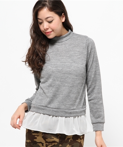 OUTLET(アウトレット)の「【Ciaopanic】AN/ニットソー裾シフォンタートルプルオーバー(Tシャツ/カットソー・レディース・グレー/ホワイト・FREE)」の1枚目の写真