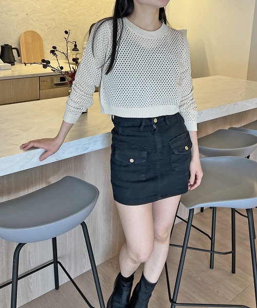 Jewelobe(ジュエローブ)の「透かし編みショートニットプルオーバー(ニット/セーター・レディース・ホワイト/ブラック/カーキ/ベージュ・FREE)」の4枚目の写真