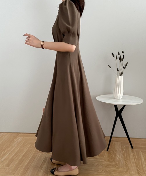 パフスリーブ フリル Aライン フレア ロング Vネック ワンピース ショッピングゴー shoppinggo ワンピース 長袖 Vネック ロング