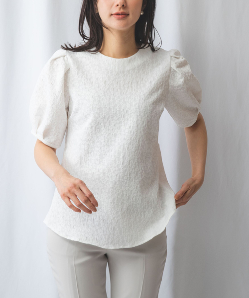 NARACAMICIE（ナラカミーチェ）の「フラワーふくれジャガードクルーネック半袖ブラウス（シャツ/ブラウス・レディース・ホワイト/ブルー・M/S/L/LL）」の3枚目の写真