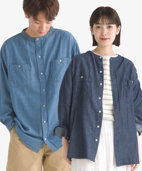 OMNES（オムネス）の「ユニセックスシャンブレーバンドカラーシャツ（シャツ/ブラウス・レディース・インディゴブルー/ブルー系その他・LARGE/MEDIUM/XX-LARGE/X-LARGE）」の3枚目の写真