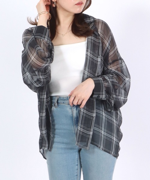 Salong hameu(サロン ハミュー)の「チェック柄シアーシースルーシフォンシャツブラウス レディース(シャツ/ブラウス・レディース・ブラック/アイボリー・M/L)」の21枚目の写真