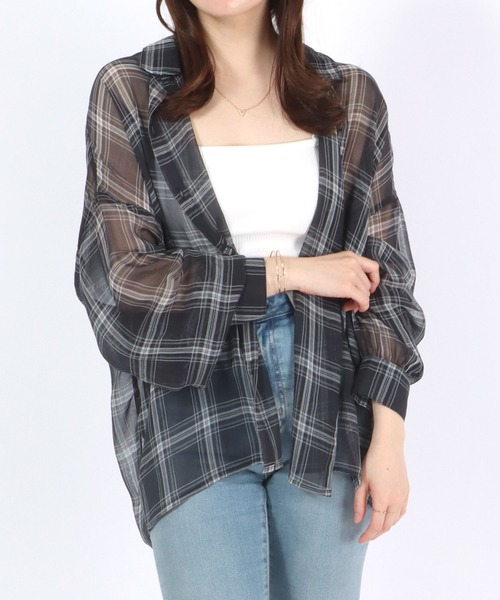 Salong hameu(サロン ハミュー)の「チェック柄シアーシースルーシフォンシャツブラウス レディース(シャツ/ブラウス・レディース・ブラック/アイボリー・M/L)」の22枚目の写真