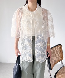 シアー刺繍パフスリーブブラウス