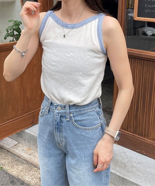 LE MORE（リモア）の「配色ボートネックノースリーブTEE（タンクトップ・レディース・アイボリー/ブラック・FREE）」の2枚目の写真