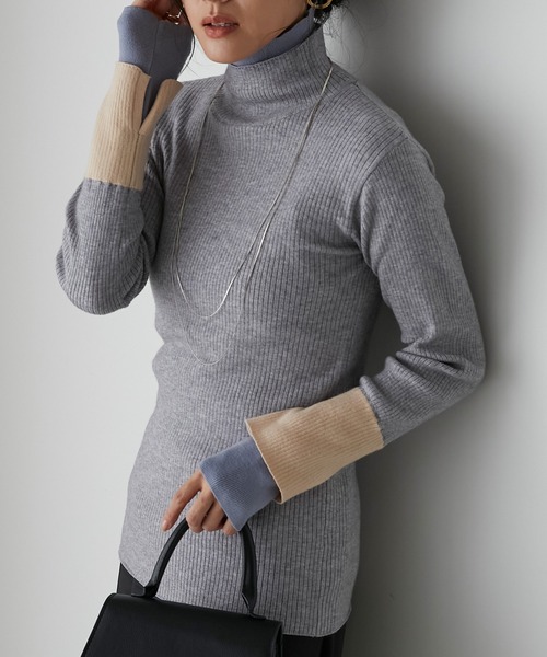 Anss.me（アンスミー）の「【Anss.me】配色レイヤードタートルネックニットプルオーバー（ニット/セーター・レディース・アイボリー/ネイビー/グリーン/ブラック/杢グレー・FREE）」の3枚目の写真