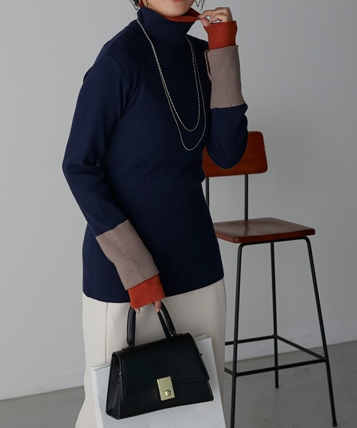 Anss.me（アンスミー）の「【Anss.me】配色レイヤードタートルネックニットプルオーバー（ニット/セーター・レディース・アイボリー/ネイビー/グリーン/ブラック/杢グレー・FREE）」の5枚目の写真