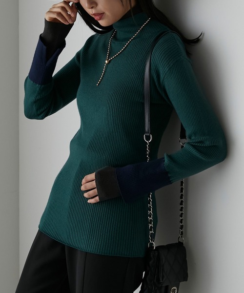 Anss.me（アンスミー）の「【Anss.me】配色レイヤードタートルネックニットプルオーバー（ニット/セーター・レディース・アイボリー/ネイビー/グリーン/ブラック/杢グレー・FREE）」の4枚目の写真