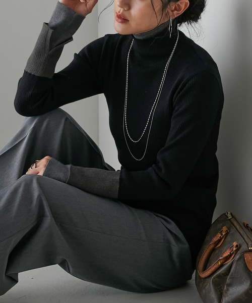 Anss.me（アンスミー）の「【Anss.me】配色レイヤードタートルネックニットプルオーバー（ニット/セーター・レディース・アイボリー/ネイビー/グリーン/ブラック/杢グレー・FREE）」の17枚目の写真