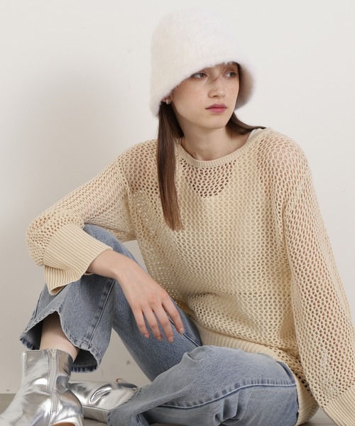 N.（N. Natural Beauty Basic）（エヌエヌナチュラルビューティーベーシック）の「◆メッシュ編みオーバーサイズニット（ニット/セーター・レディース・ブラック/イエロー/ライトベージュ・MEDIUM）」の2枚目の写真