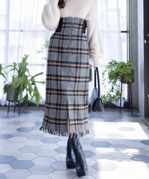 clear（クリア）の「ウエストリブチェック柄Iラインスカート[低身長用サイズ有]（スカート・レディース・ブルー/ピンク/ブラウン・S/M/XS）」の2枚目の写真