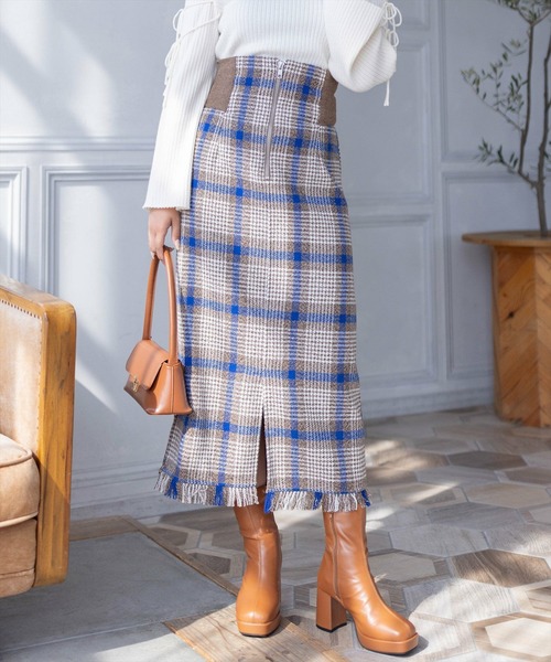 clear（クリア）の「ウエストリブチェック柄Iラインスカート[低身長用サイズ有]（スカート・レディース・ブルー/ピンク/ブラウン・S/M/XS）」の3枚目の写真