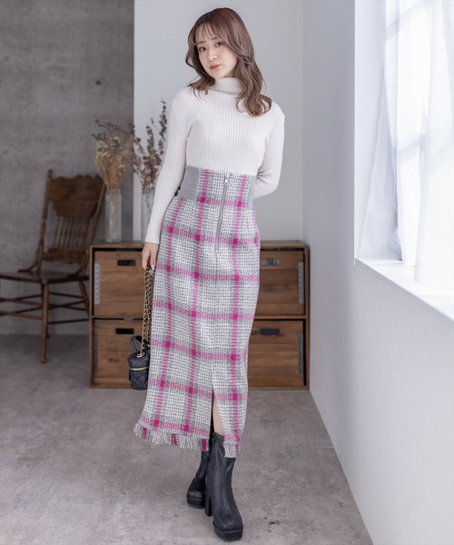 clear（クリア）の「ウエストリブチェック柄Iラインスカート[低身長用サイズ有]（スカート・レディース・ブルー/ピンク/ブラウン・S/M/XS）」の12枚目の写真