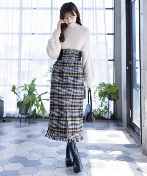 clear（クリア）の「ウエストリブチェック柄Iラインスカート[低身長用サイズ有]（スカート・レディース・ブルー/ピンク/ブラウン・S/M/XS）」の16枚目の写真