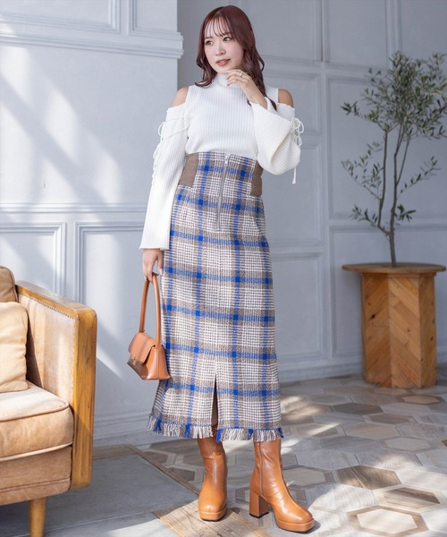 clear（クリア）の「ウエストリブチェック柄Iラインスカート[低身長用サイズ有]（スカート・レディース・ブルー/ピンク/ブラウン・S/M/XS）」の17枚目の写真