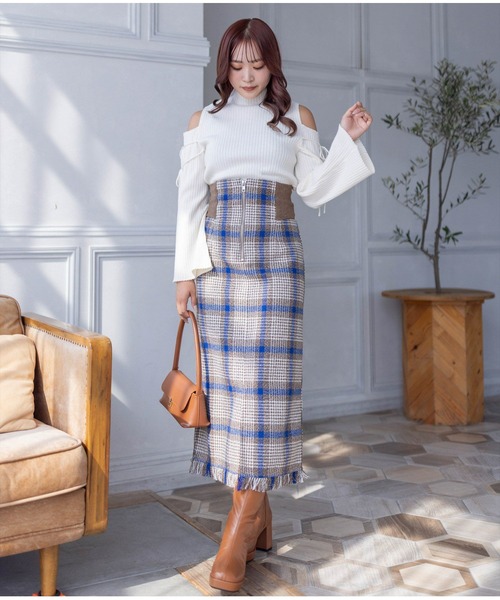 clear（クリア）の「ウエストリブチェック柄Iラインスカート[低身長用サイズ有]（スカート・レディース・ブルー/ピンク/ブラウン・S/M/XS）」の18枚目の写真